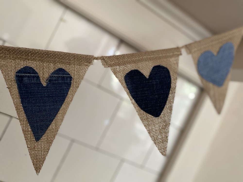 String Pennant Triangles With Denim Hearts Made To Order USA 8-5”x7” PerString