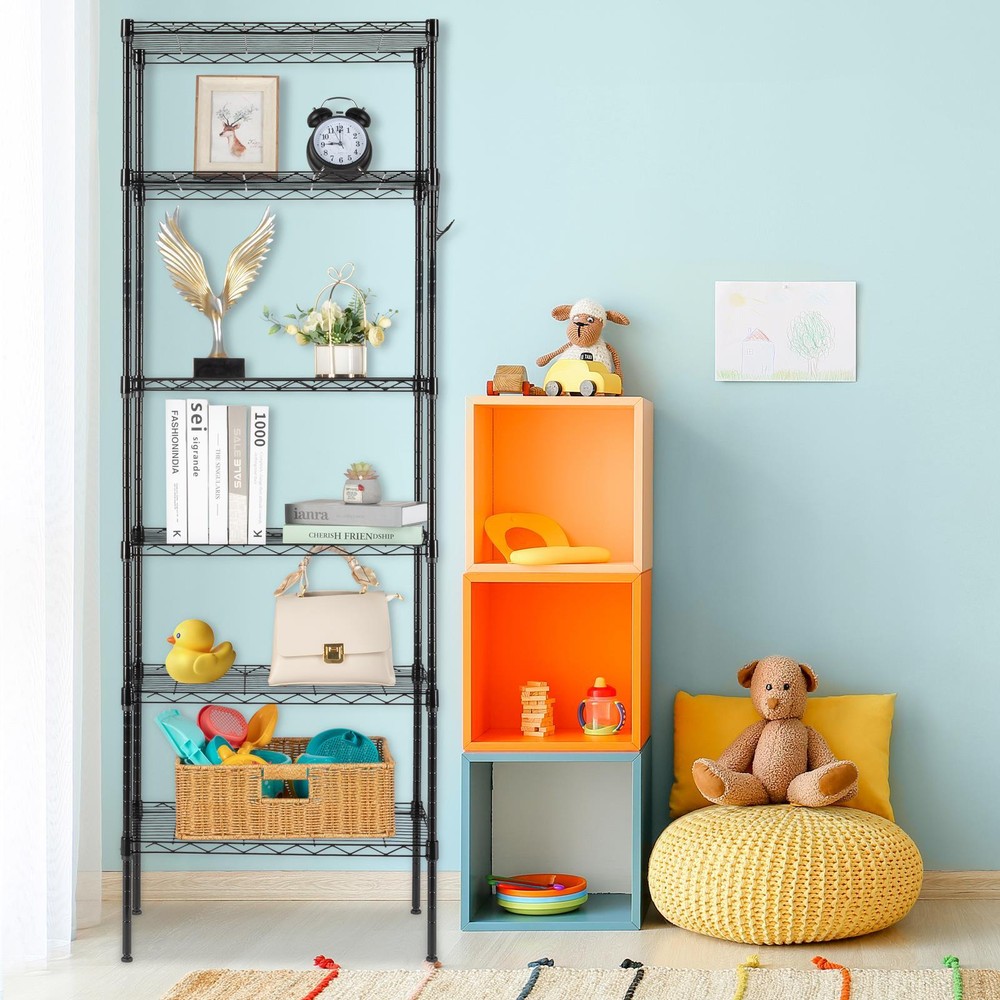 65" Adjustable Rolling Storage Rack 6-Tier Wire Shelving Unit with Hanging Hooks