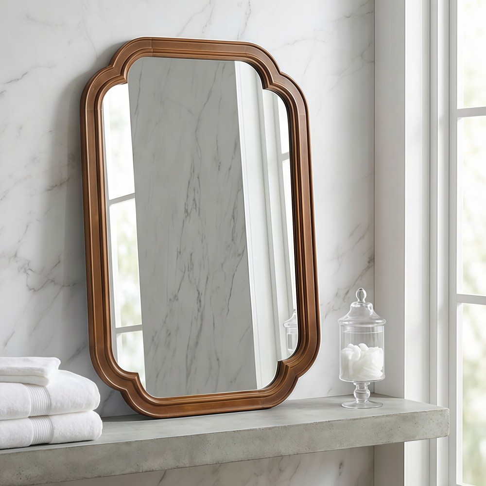 24x36 Solid Walnut Wall Mirror with Tempered Glass, Round Corner Art Deco