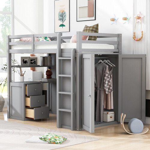 Twin Full Size Loft Bed with Desk Wardrobe Storage Cabinet Solid Wood Bed Frames