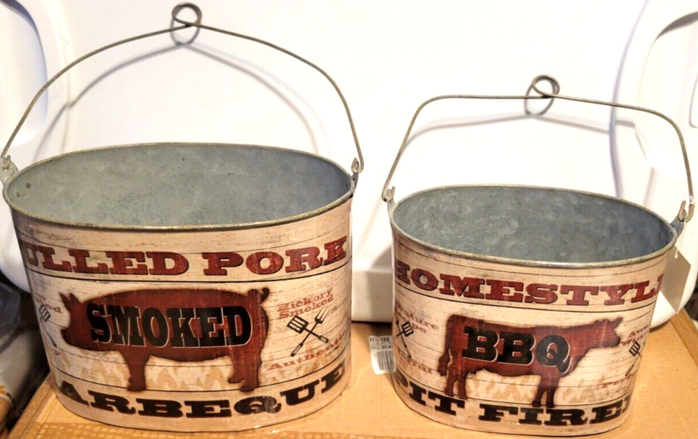 2 RUSTIC PULLED PORK BBQ HOMESTYLE PIT FIRE METAL BUCKETS BBQ KITCHEN DECOR