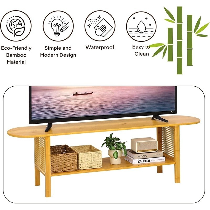Bamboo TV Stand Rattan Design Ample Storage Multi-Functional Easy Assembly New