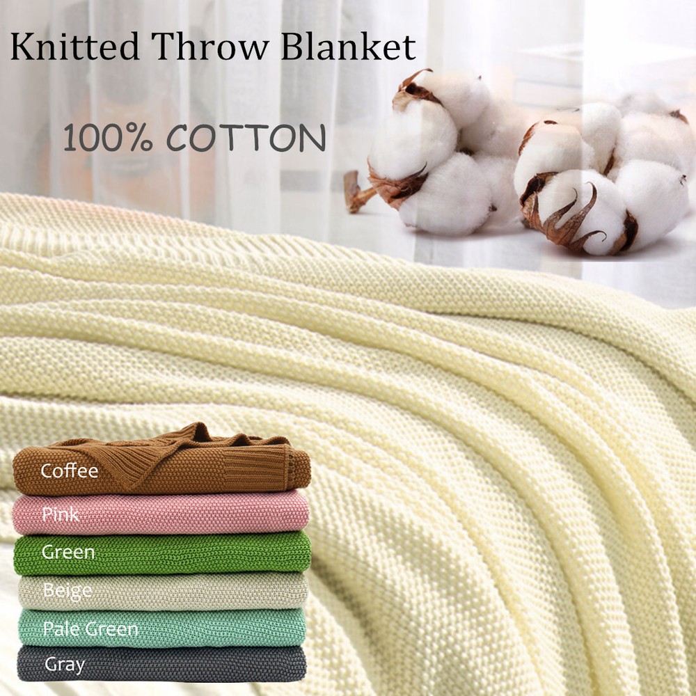 Soft 100% Cotton Solid Decorative Knitted Sofa / Bed Throw Blanket in 14 Colours
