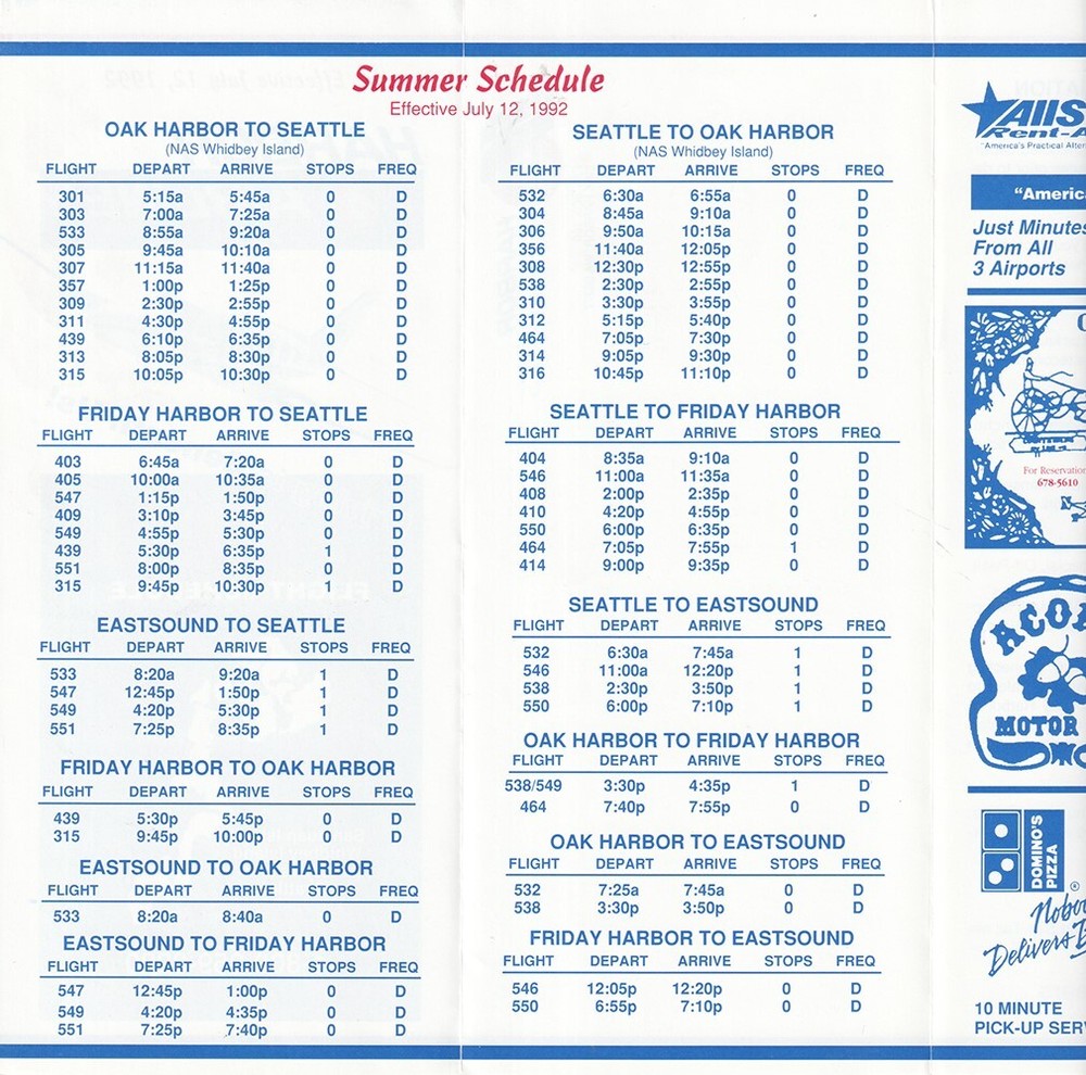 Harbor Airlines timetable 1992/07/12