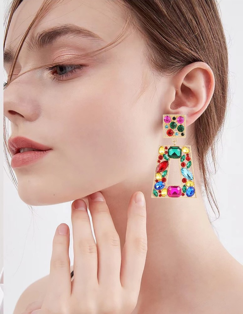 Elegant Rhinestone Rectangle Dangle Earrings Trendy Geometric Drop Statement ...