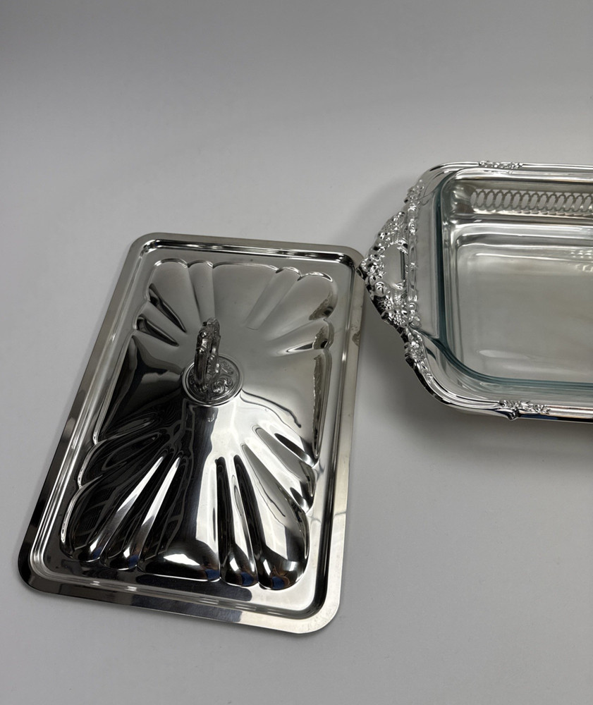 Silver Played Rectangular Chafing Serving Dish with Glass Dish & Lid 17" X 10"