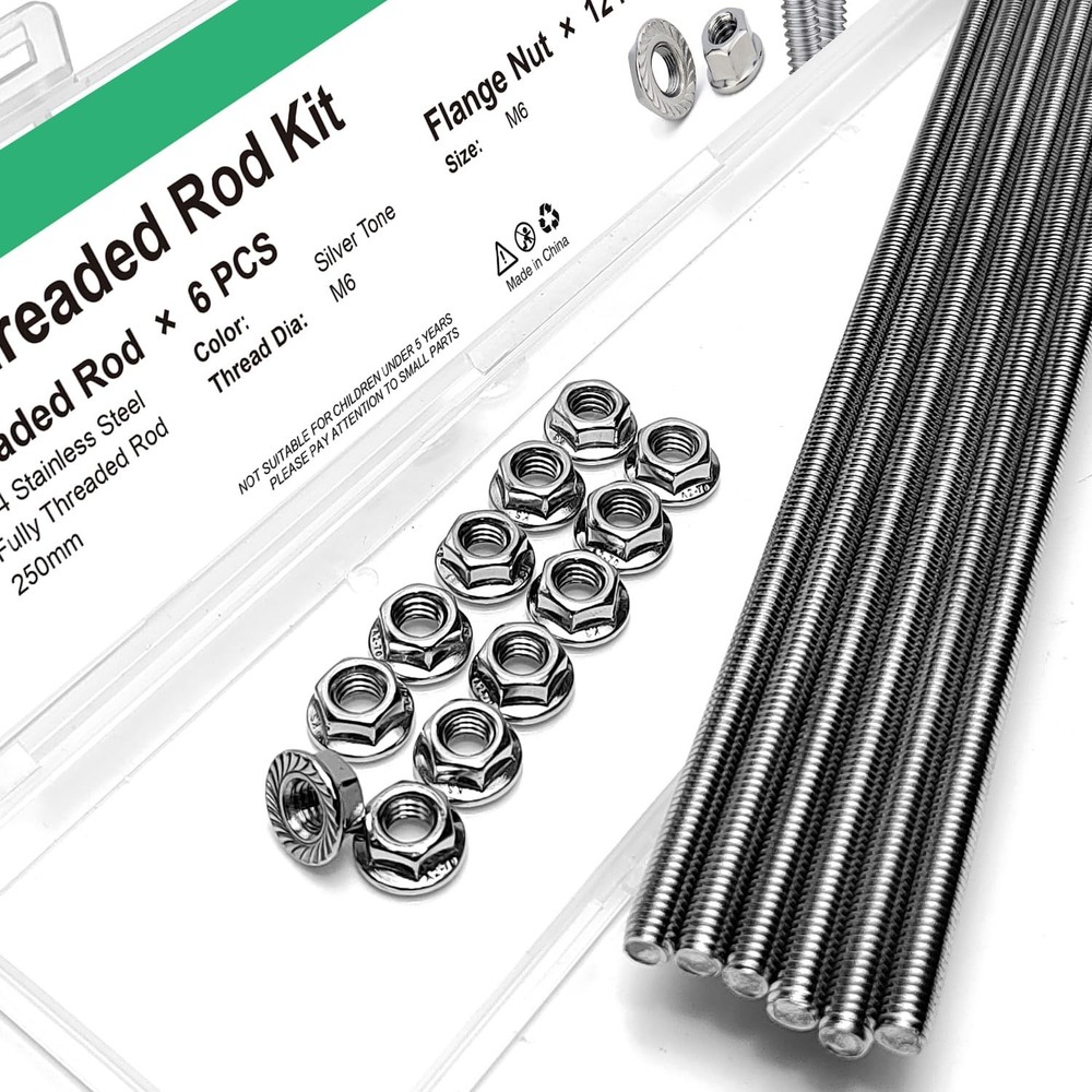 M6-1.0x250mm Fully Threaded Rod Studs, 304 Stainless  Hand Threads, 6 Pack