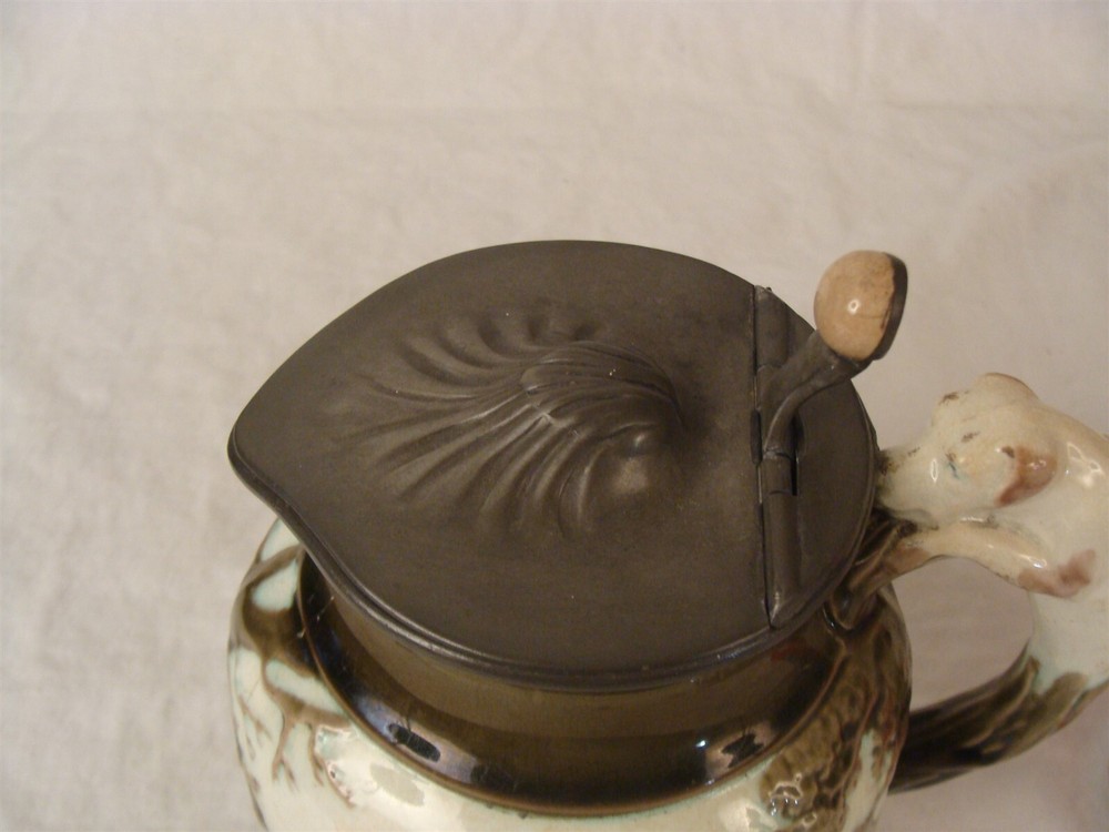Antique 19C Prattware Pottery Pitcher Hunt Scene Dog Handle