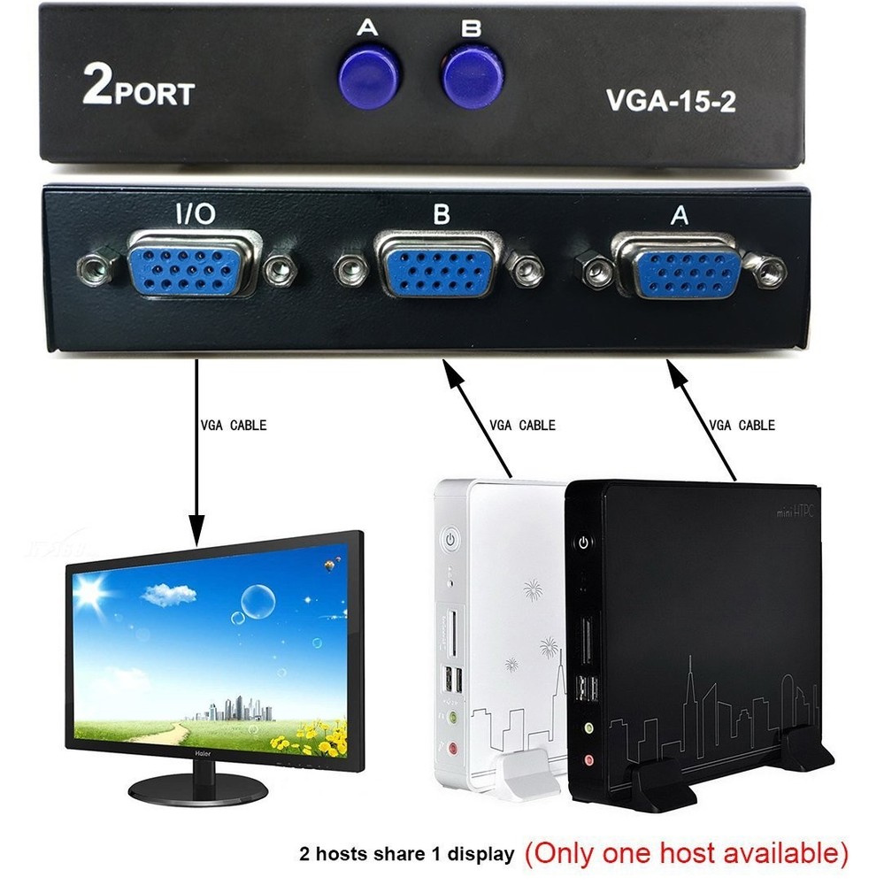 PASOW 2 in 1 Out 2 Port VGA Switch - Press Button Two Way Switch, Black