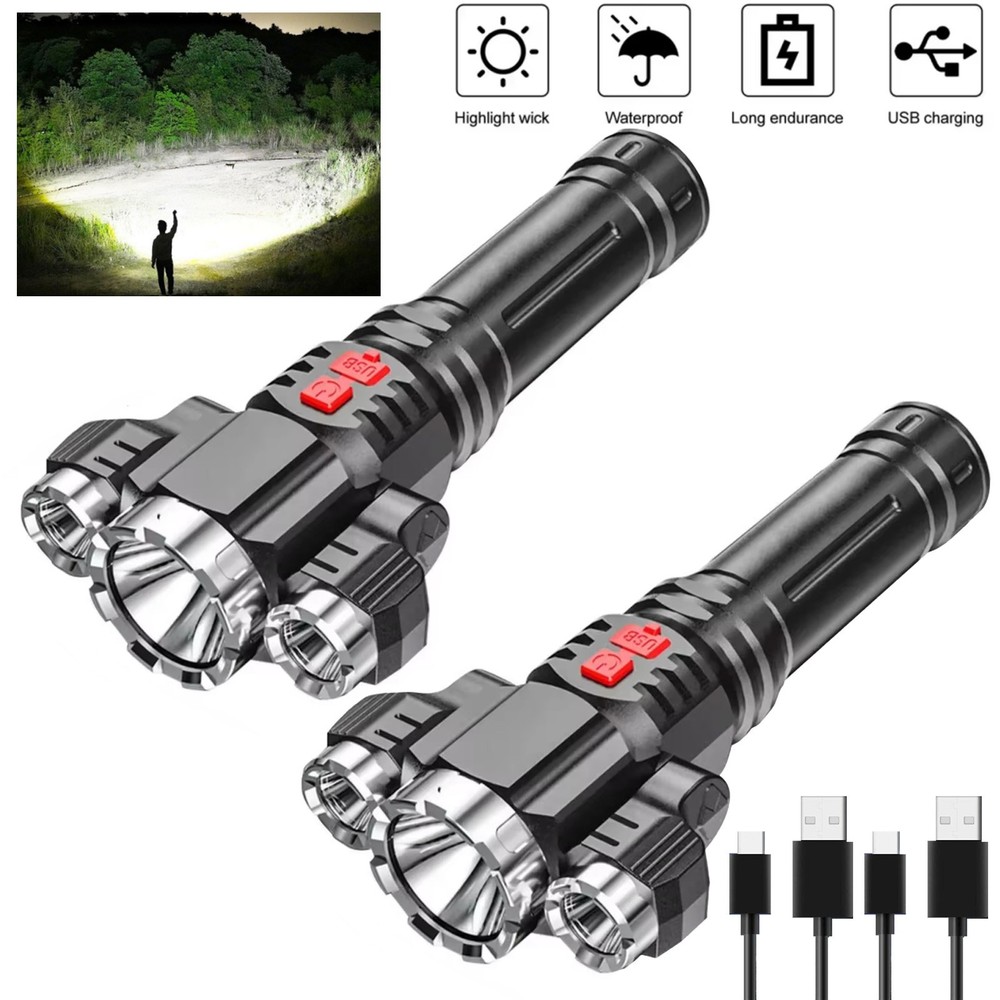 2PACK Super Bright 3-LED Flashlight Rechargeable Tactical Flashlights Work Light