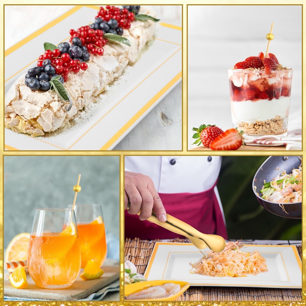 FillTouch 112 Pcs Summer Gold Dinnerware Set Include 6 Disposable Rectangle Serv