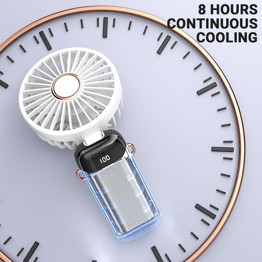 White Mini Handheld Fan USB Rechargeable Digital Display,5 Wind Modes,Foldable