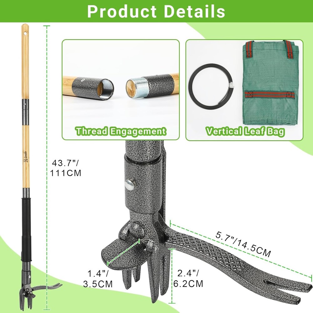 Heavy Duty Weed Puller 43.5" Bamboo Handle 4-Claw Dual-Eject + Leaf Bag