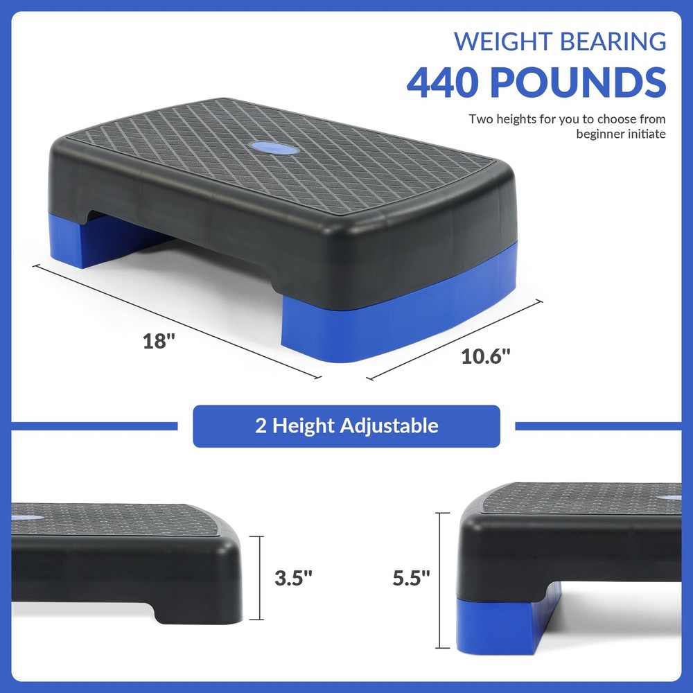 18" Aerobic Step Platform, Workout Stepper with Adjustable 2 Stackable Risers...