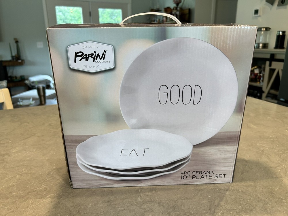 PARINI Rae Dunn Inspired! 4 Pc 10" White Ceramic Plate Set! New in Box!