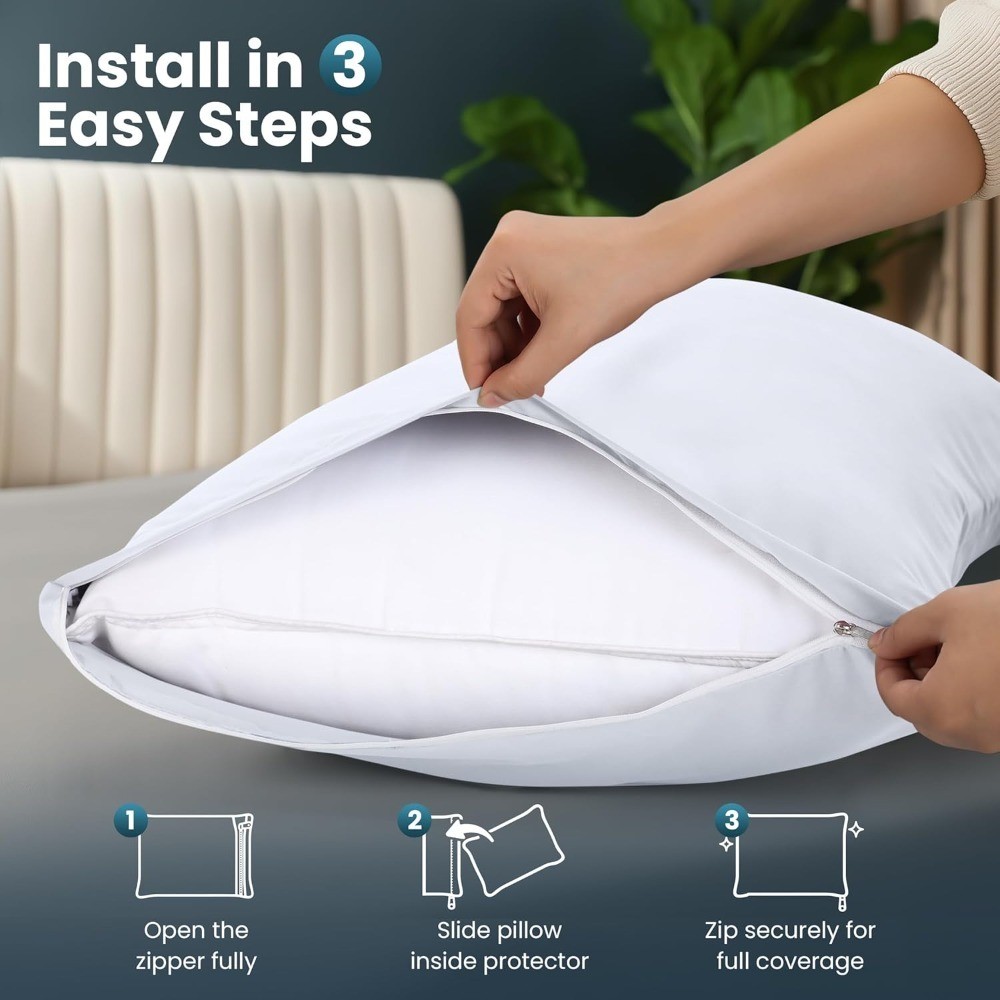 Queen Size Pillow Protectors 2 Pack Zipper Closure Soft Brushed Microfiber Fade