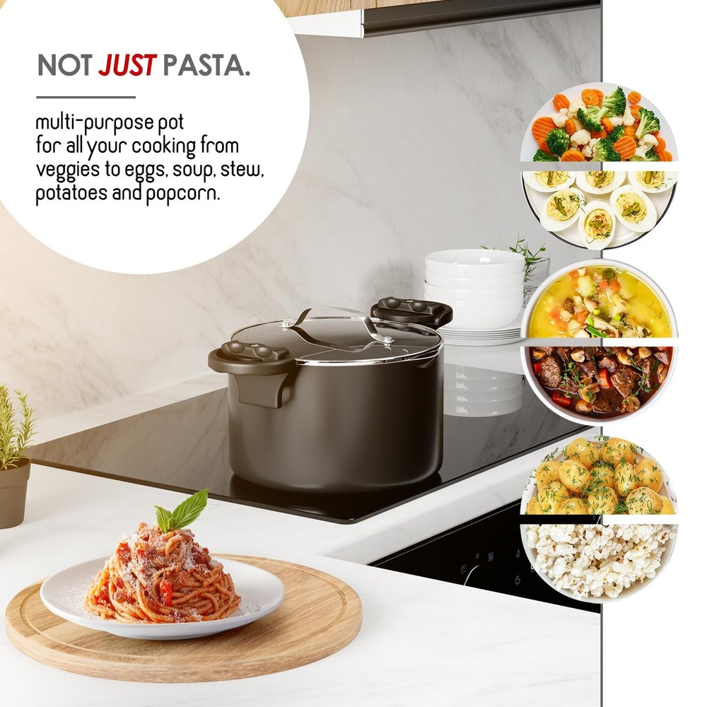 EATEX Pasta Pot with Strainer Lid - 5 Quart Multipurpose 5 Quarts, Black