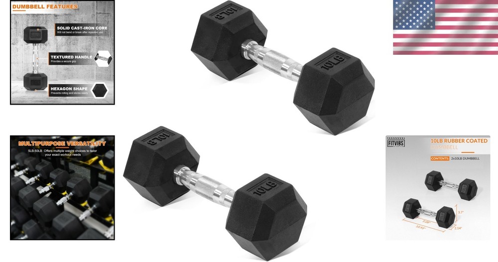 Compact Hex Dumbells Set, Rubber Coated Weights for Upper Body & Core Workouts