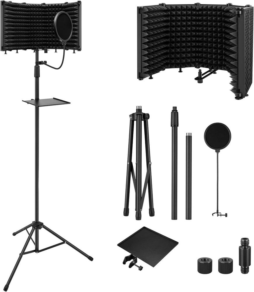 Microphone Isolation Shield with Pop Filter & Tripod Stand, Foldable Mic Shield