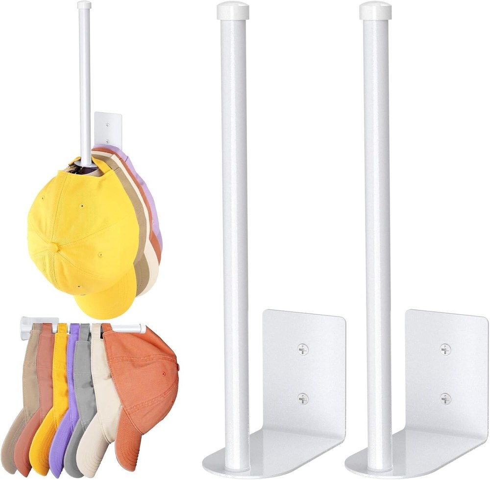 Space-Saving 2 Pack White Hat Racks - Strong Adhesive and Wall Drilled Options