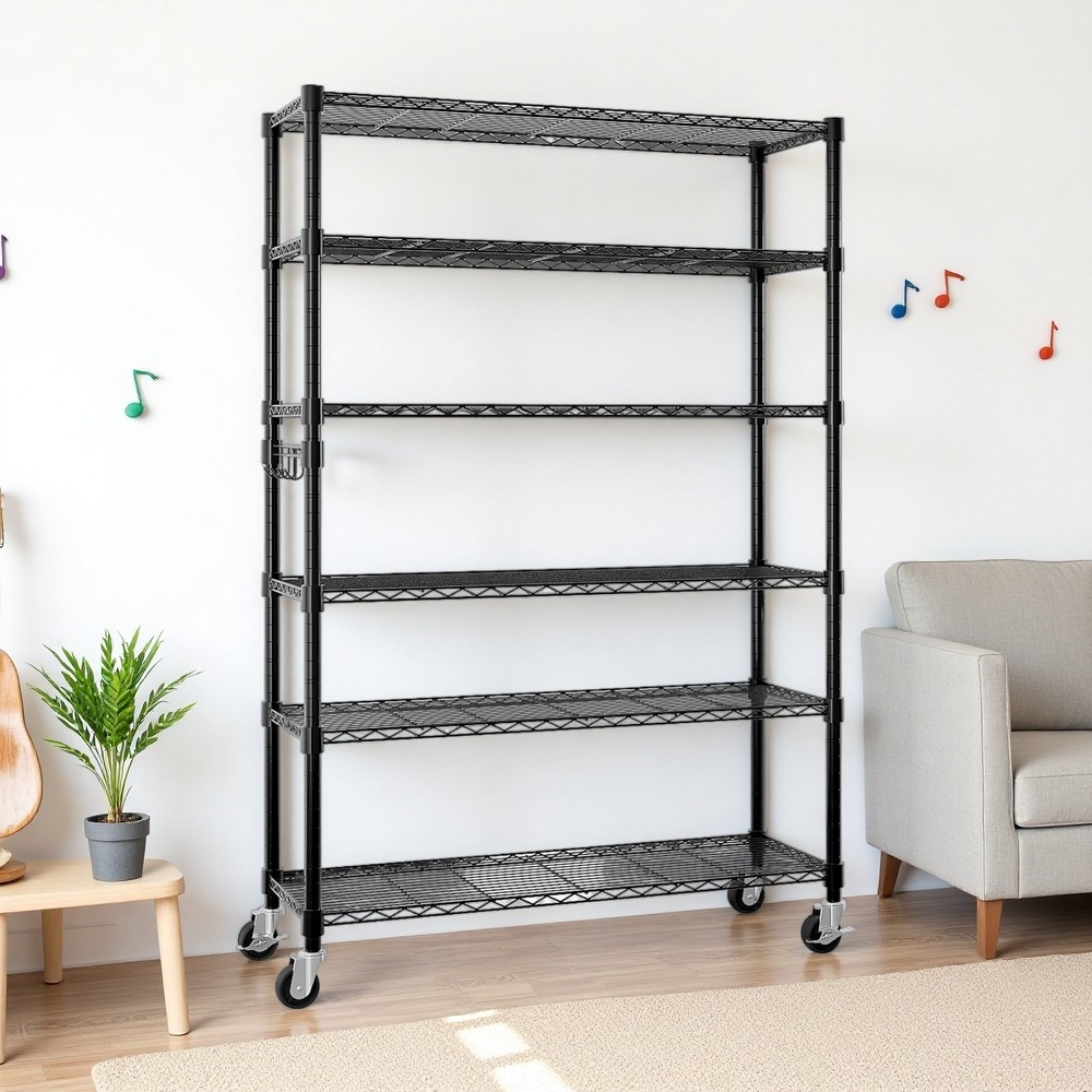 6-Tier Rolling Wire Shelving Unit - Heavy Duty, Adjustable, Hooks & Black