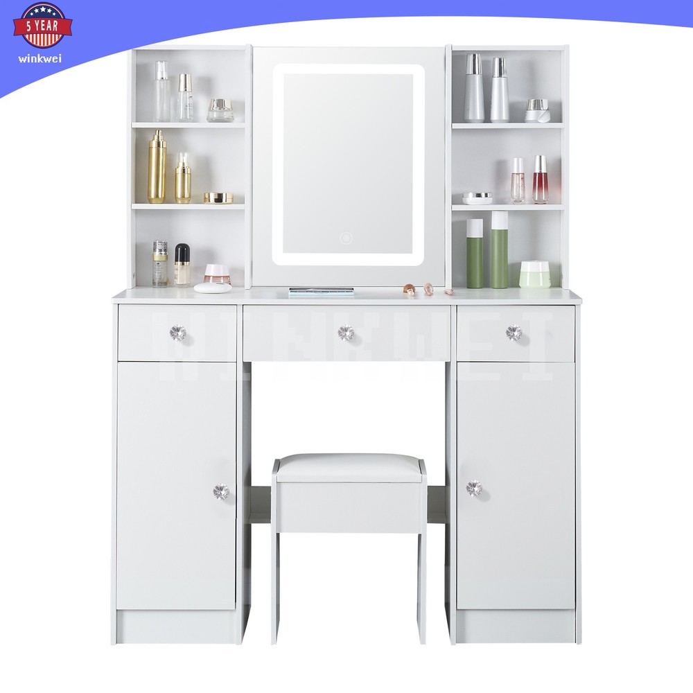 Makeup Vanity Table with Smart LED Mirror 5 Drawers & Crystal Pull Dressing Desk