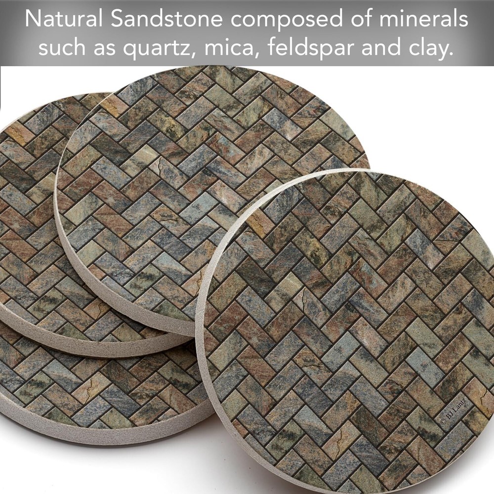 Stone Herringbone Pattern Natural Sandstone Coaster 4 Pack, Absorbent