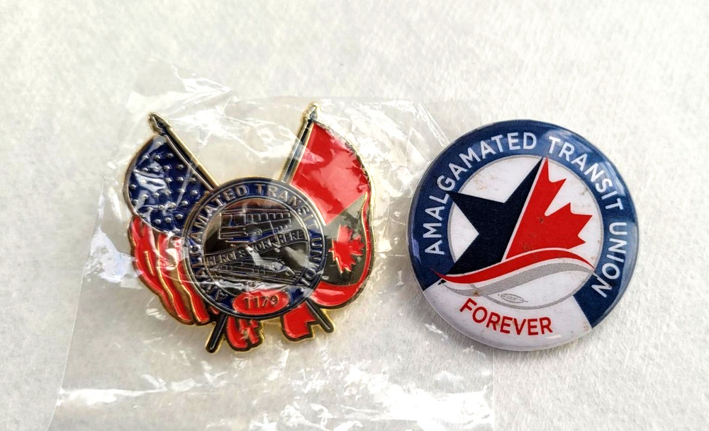 Amalgamated Transit Union 1179 Pin & Button US Canada Flag ~ Heroes Work Here