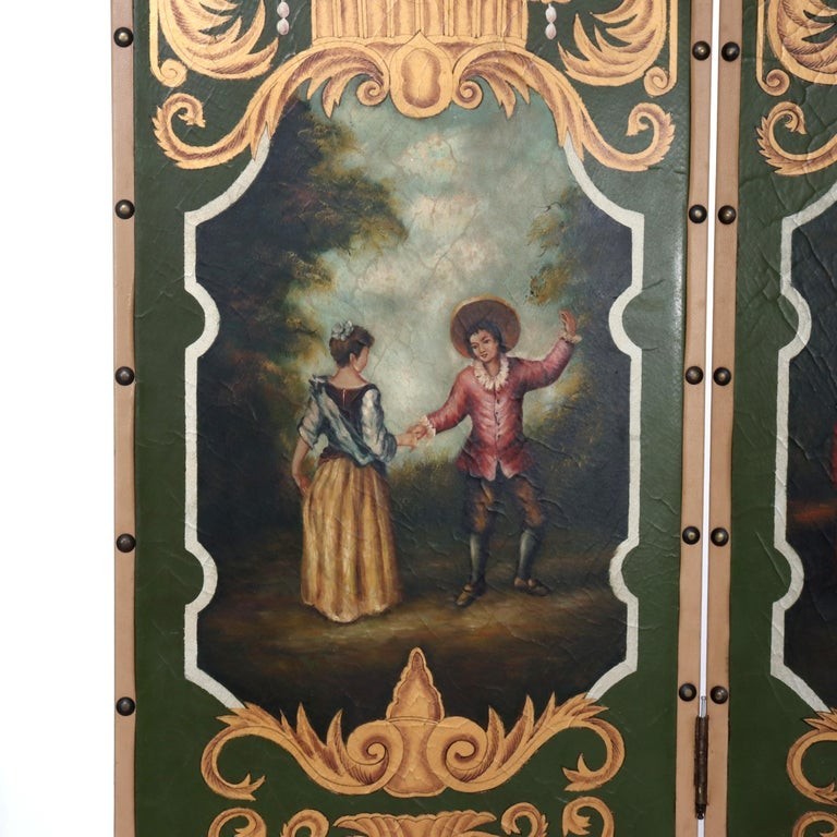 Antique Hand Painted Leather on Board Four Panel Dressing Screen Early 20thC