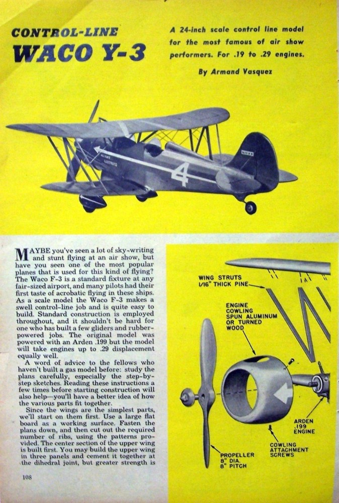 WACO Y-3 PLAN & Mechanix Illustrated CONSTRUCTION ARTICLE 24" UC Model Airplane