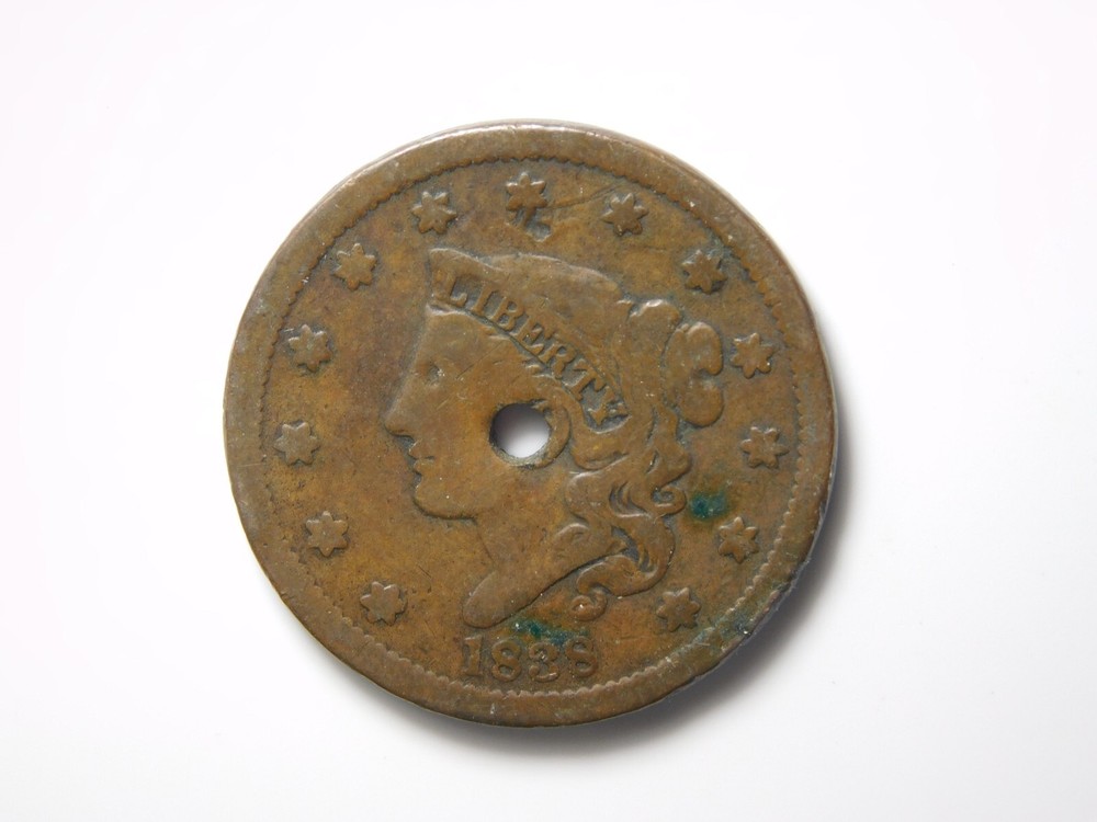 OLD US COIN 1838 CORONET HEAD HOLED LARGE CENT