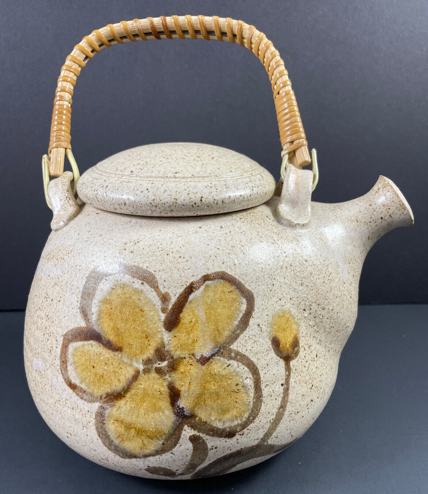 Floral Teapot w/ Bamboo Handle Studio Pottery Tan Brown Signed Rustic Handmade