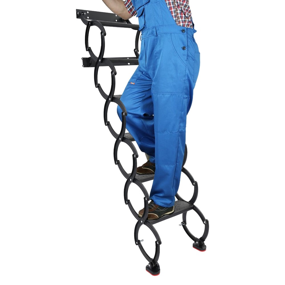 6-Step Wall Mounted Folding Ladder, Black Retractable Telescoping Step Stairs