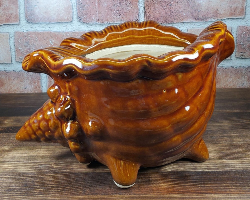 Vintage Brown Glazed Ceramic Conch Shell Planter, Seashell Nautical Decor