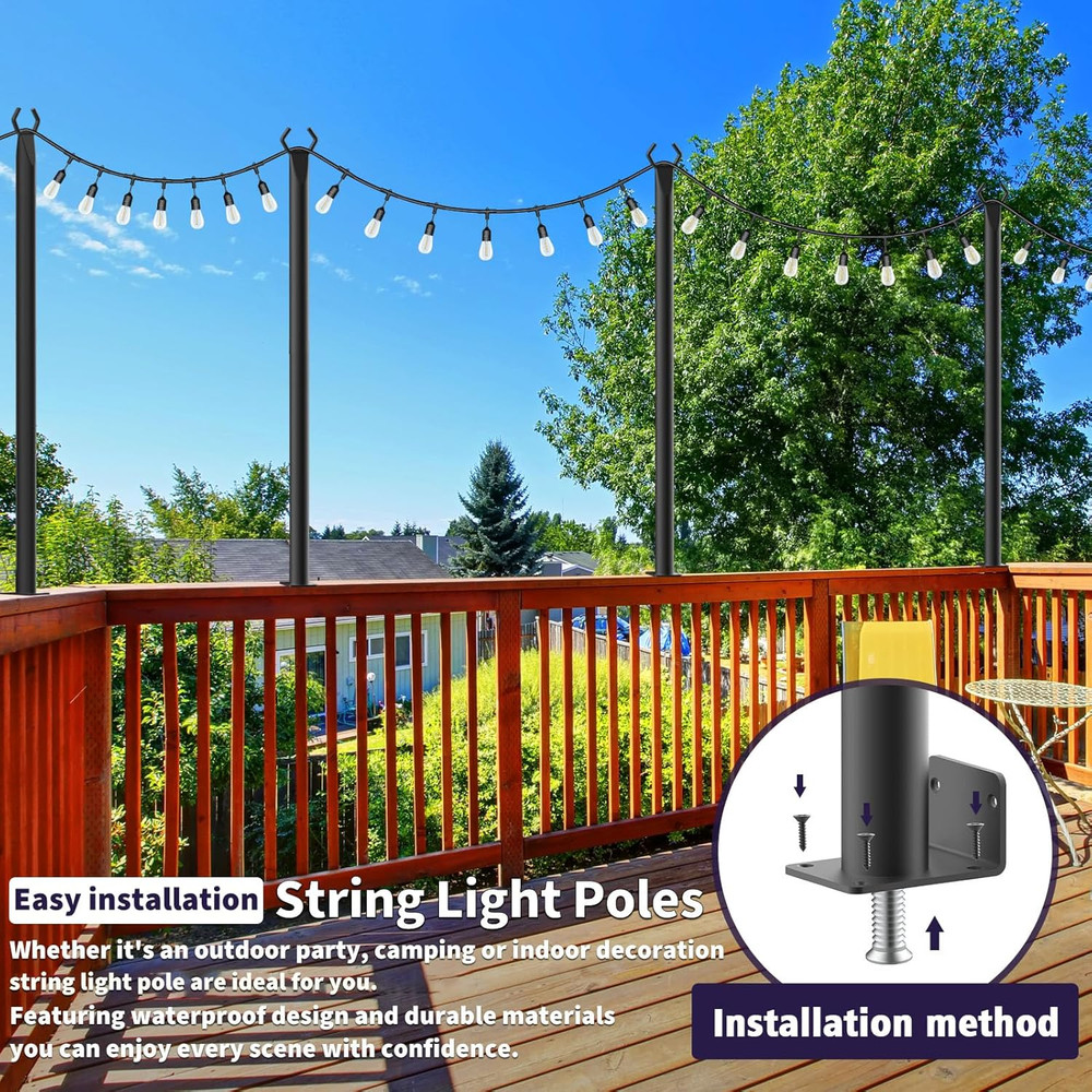 8 Pack String Light Poles for Deck,5 Ft String Light Poles for outside with Fixi