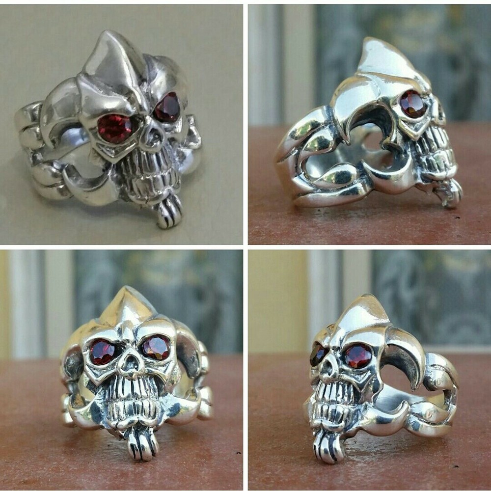 925 MENS SILVER RING motorcycle skull harley garnets ruby color