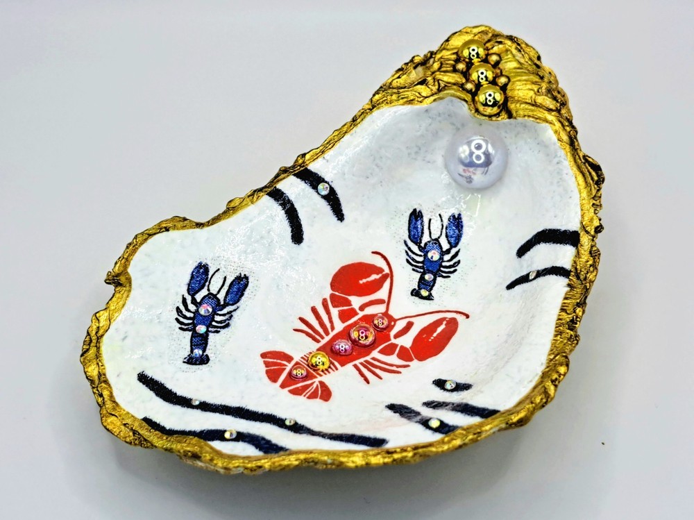 Handcrafted Decoupaged Lobster Oyster Shell Ring/Trinket Dish