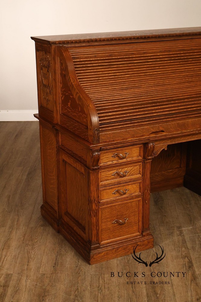 Oak Roll Top Desk With Carved 'Reading Hardware Co." Crest Panel