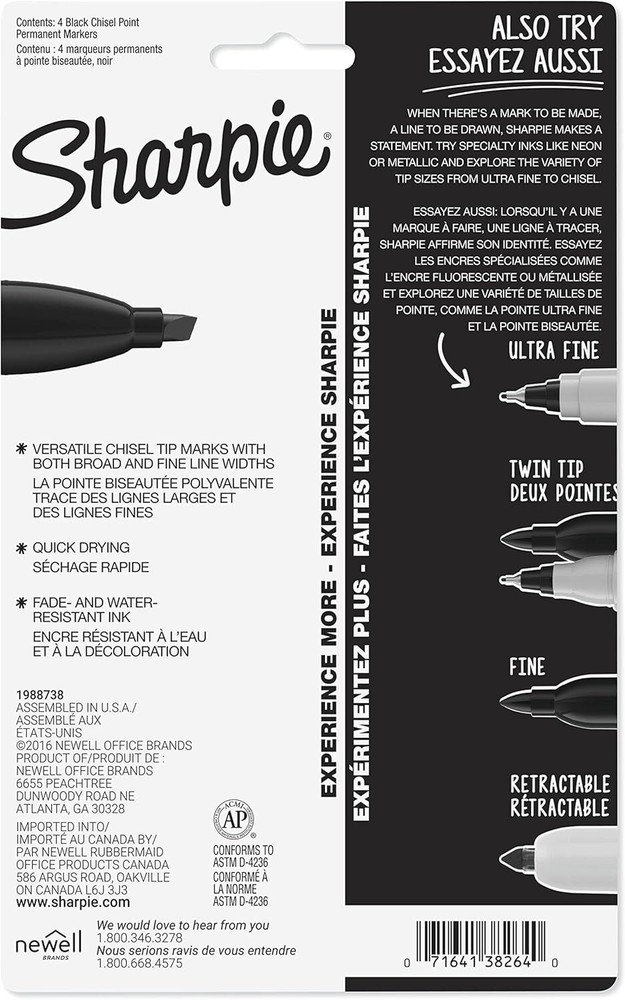 Sharpie Permanent Markers, Chisel Tip, Black, 4 Count