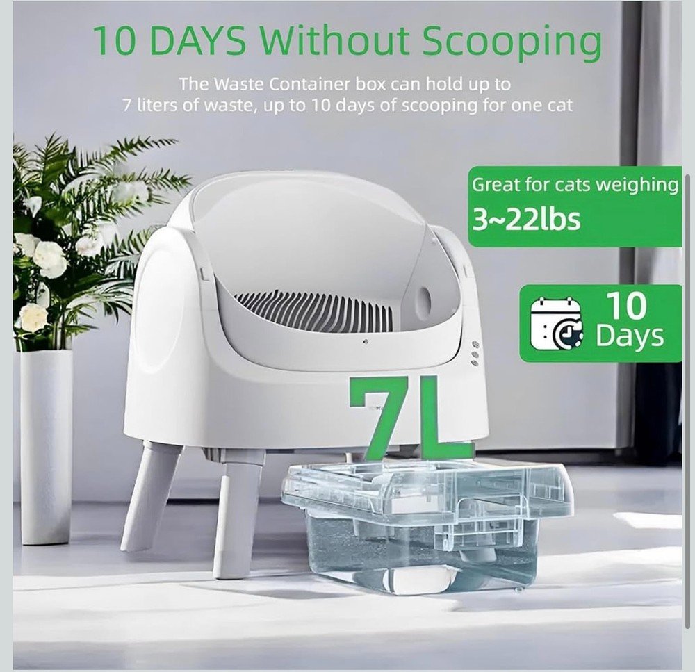 Self-Cleaning Cat Litter Box for Multiple Cats - Automatic, Open Top, White