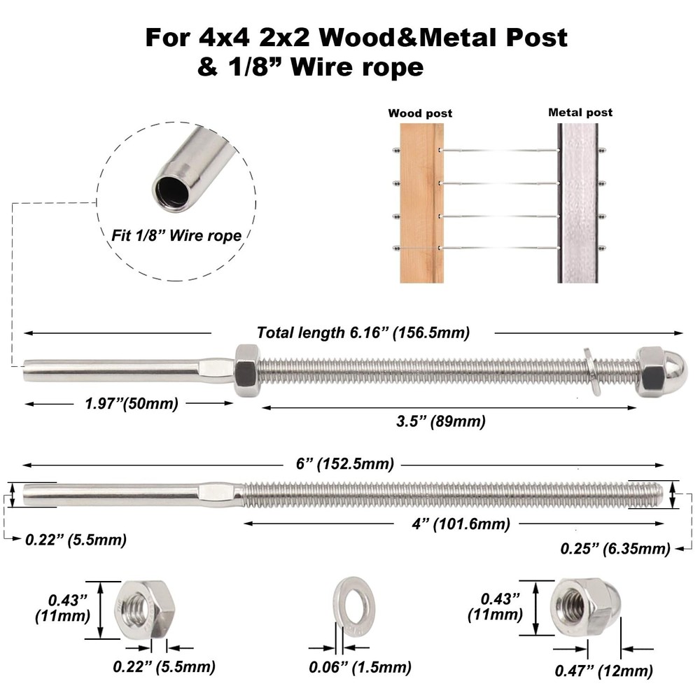 Challcrea 60Pcs 1/8 Cable Railing Hardware System Kit, Swage Threaded Stud Te...