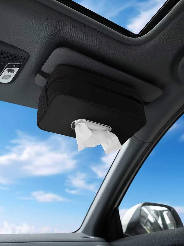 Car Tissue Holder with Storage Nets, PU Leather Organizer for 100-150 Tissues