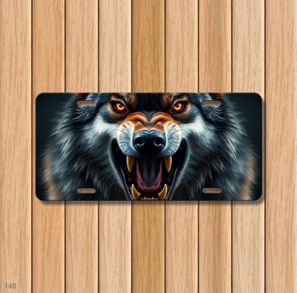 Fierce Wolf License Plate with Sharp Teeth Your Text Front Plate Special Gift
