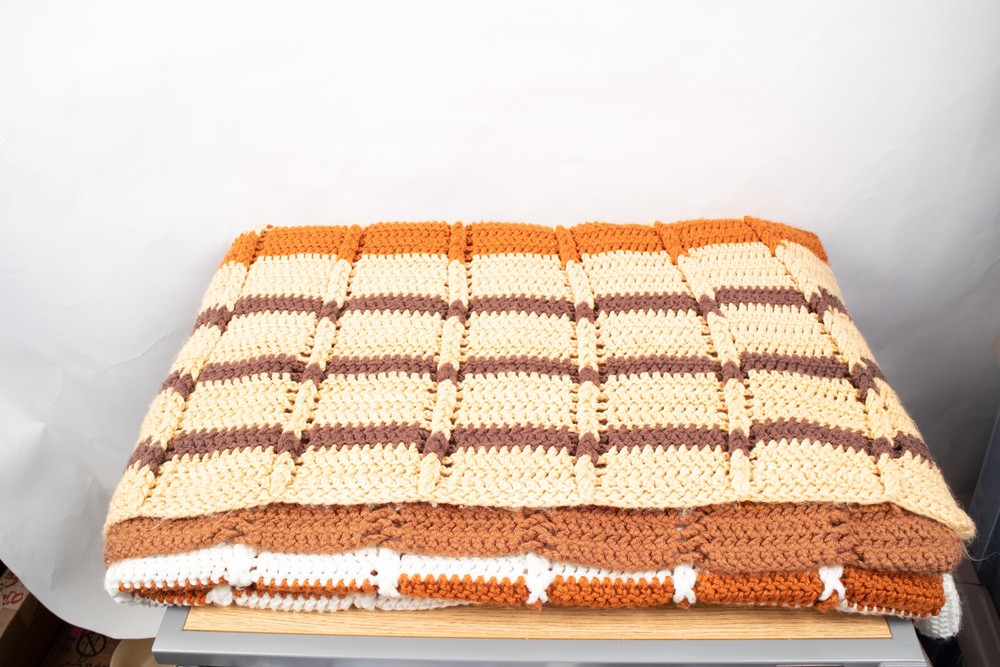 Afghan Throw White Tan Brown Rust 75" X 48"