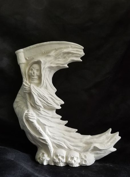 Crescent Shaped Grim Reaper Unpainted Ceramic Bisque