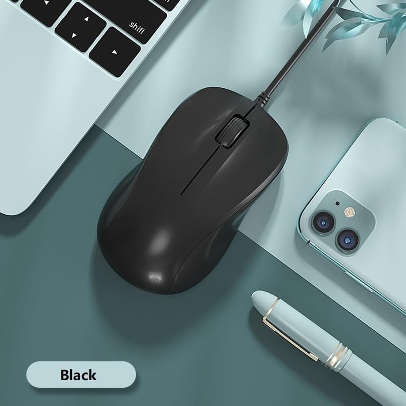 USB Silent Wired Computer Mouse Easy Click 1200DPI Portable Windows Black