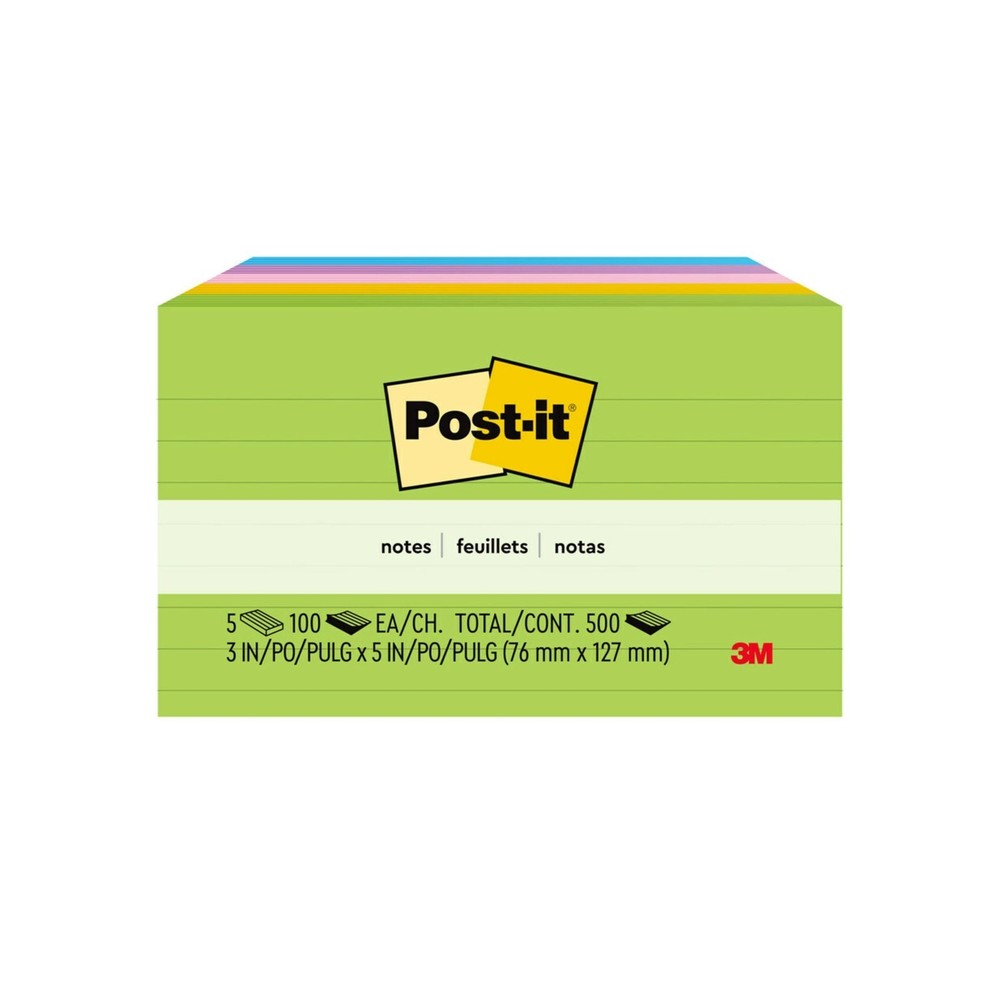 Post-it Notes, 3 in x 5 in, 5 Lined Sticky Notes Pads, 100 Sheets per Pad, Fl...