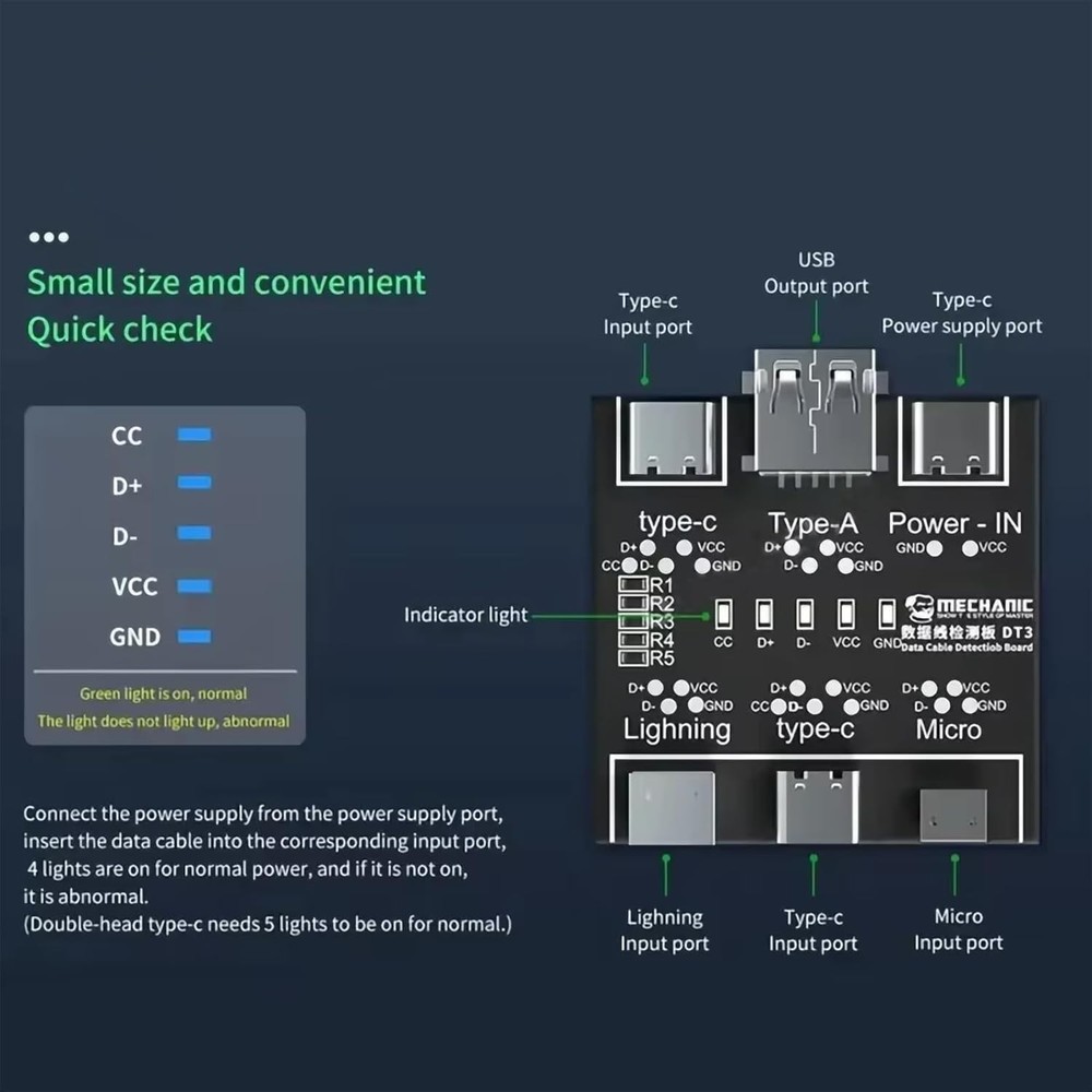 DT3 ON-Off Data Cable Detection Board USB Tester for iOS Android Black