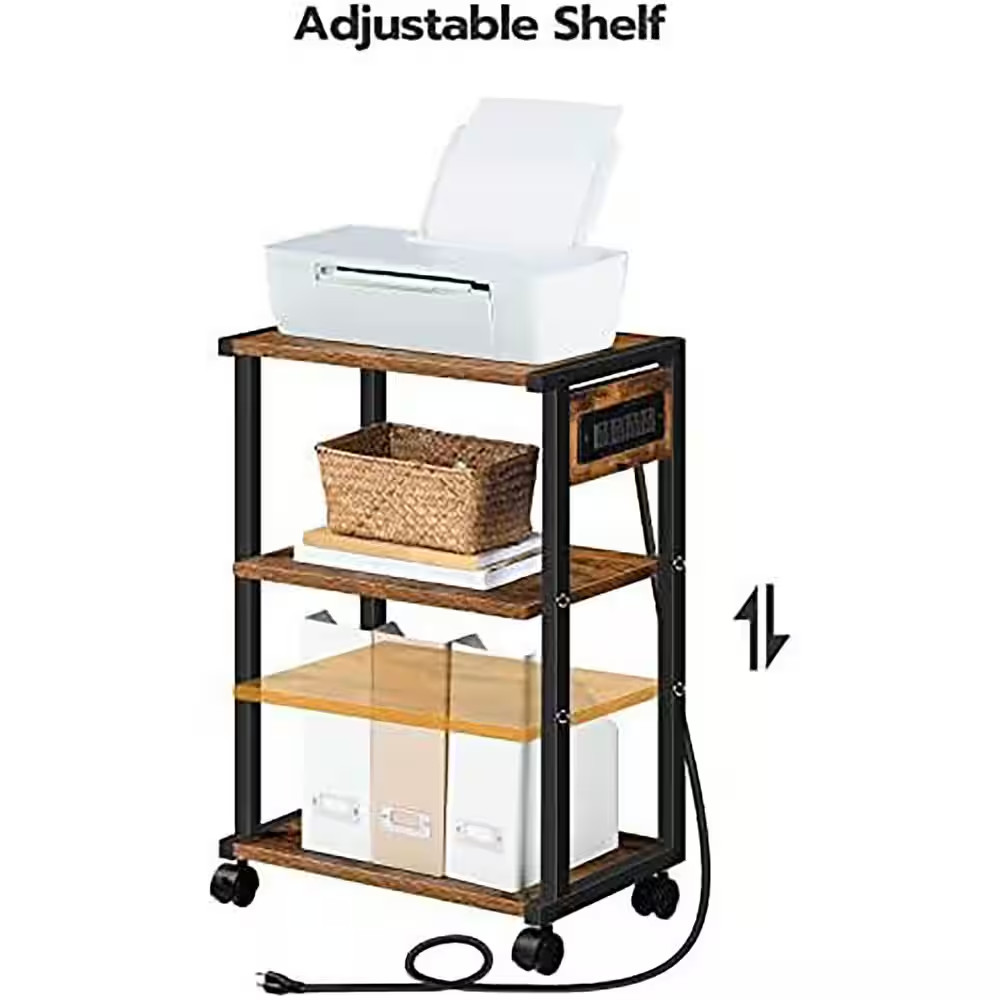 3-Tier Rolling Printer Stand with Charging Station and Adjustable Shelf, Rustic