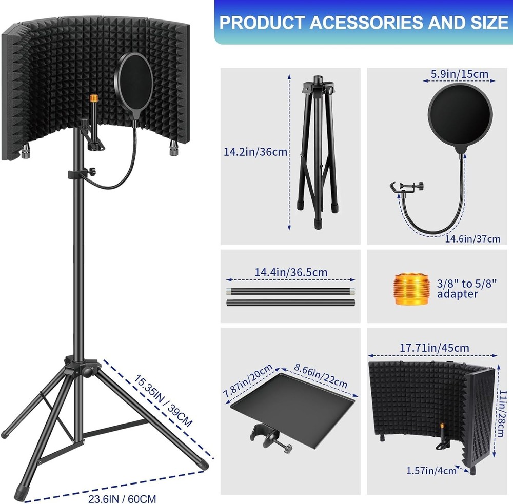 Microphone Isolation Shield with Pop Filter & Tripod Stand Foldable Triple Sound
